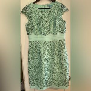 Antonio Melani mint green shift dress black lace overlay cap sleeves sz. 10